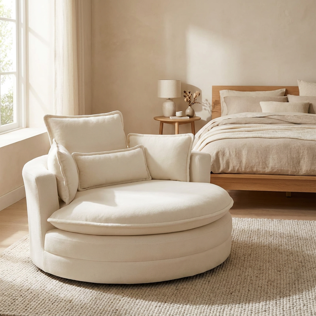 Phoebe round sofa styled in a bedroom