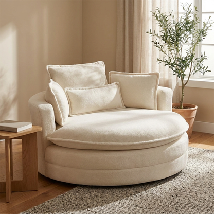 Phoebe round sofa styled in a reading corner
