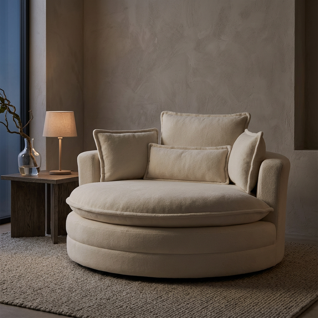 Phoebe round sofa, lit at night