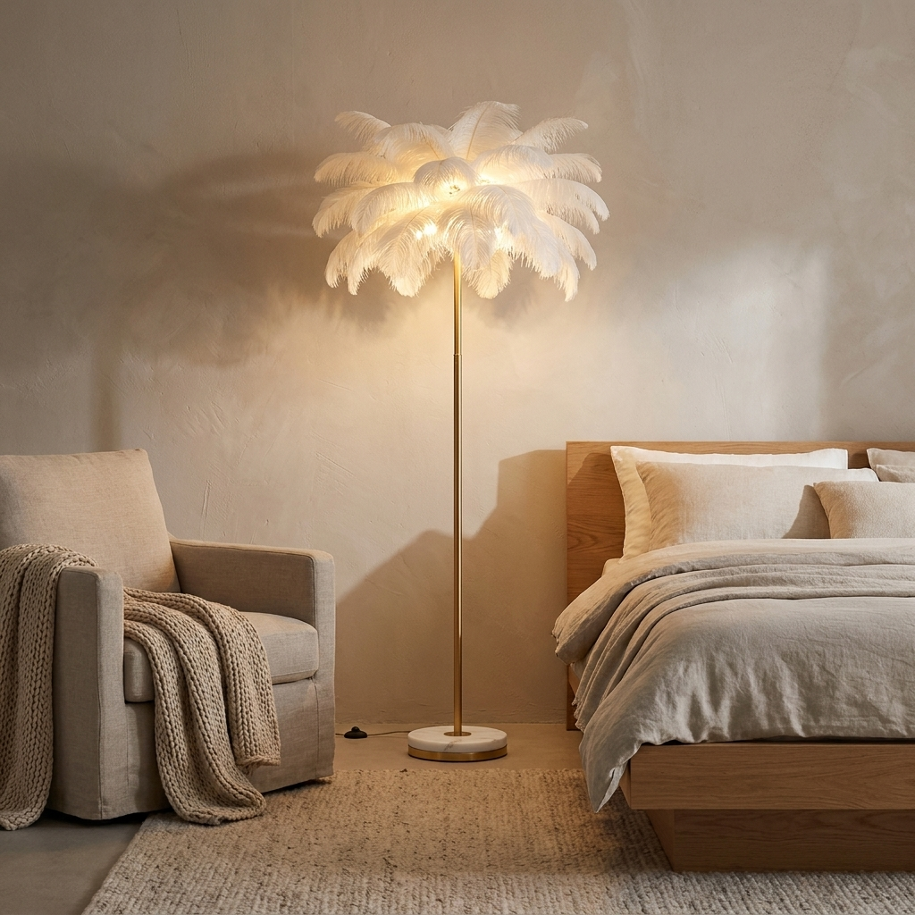 Pluma floor lamp styled in a bedroom