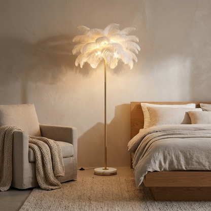 Pluma floor lamp styled in a bedroom