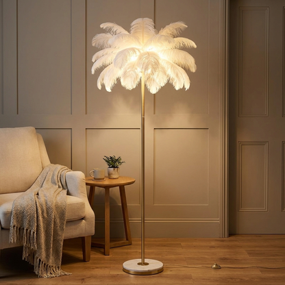 Pluma floor lamp styled in a reading corner