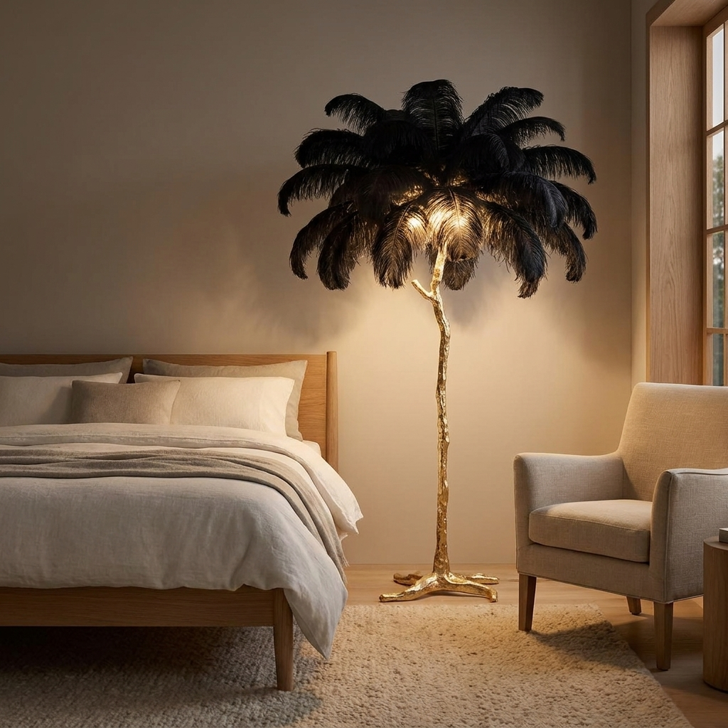Plume floor lamp styled in a bedroom