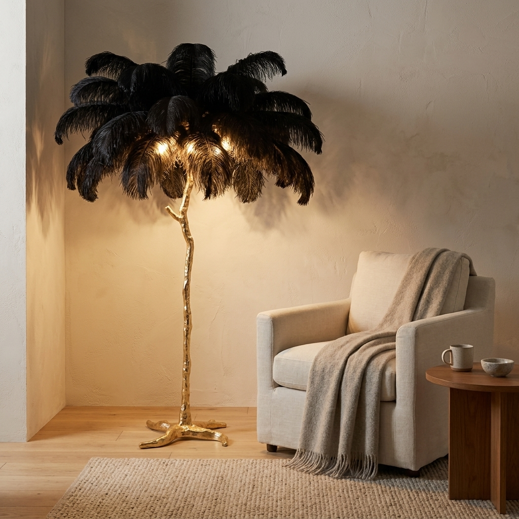 Plume floor lamp styled in a reading corner