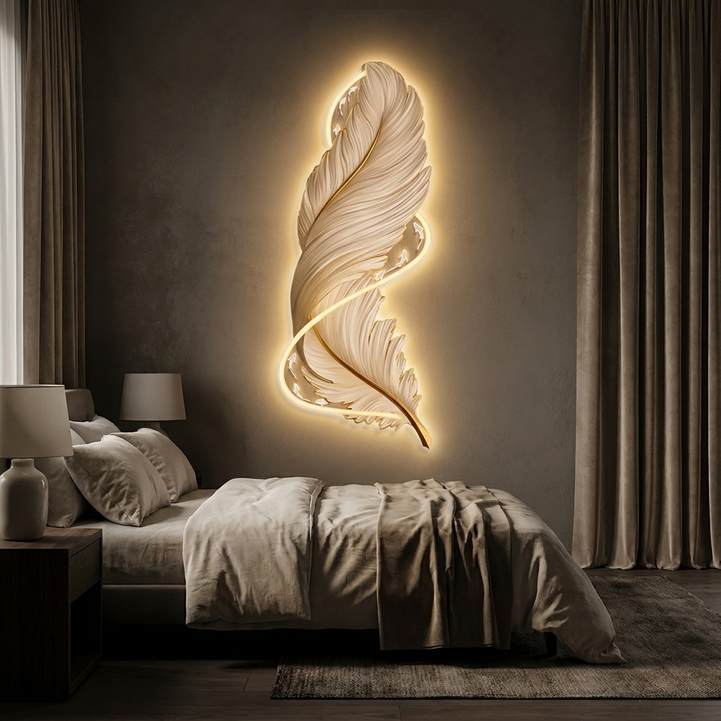 Quill wall art, lit at night