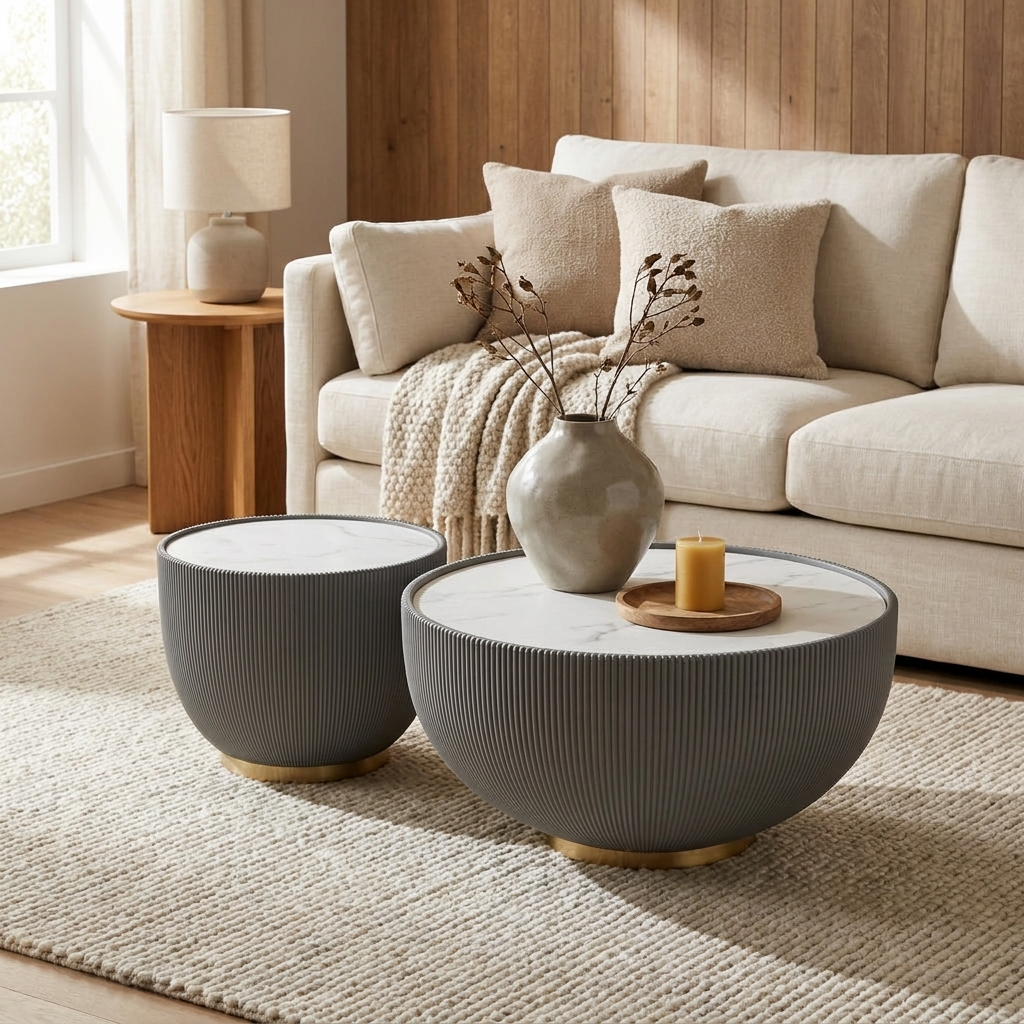 Halo Nesting Tables styled in a modern living room