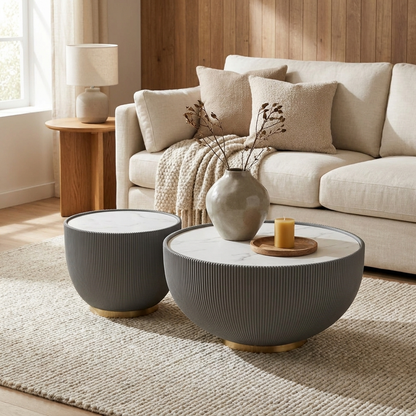 Halo Nesting Tables styled in a modern living room