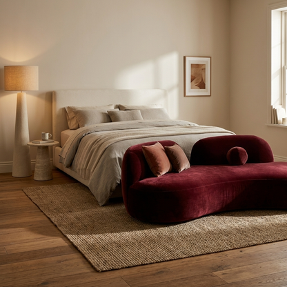 Isolde curved sofa styled in a bedroom