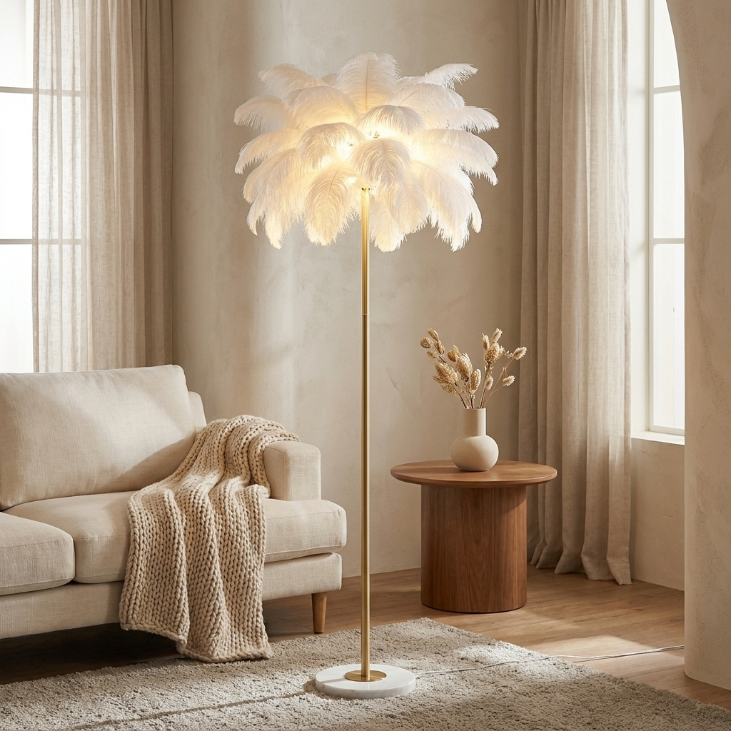 Pluma floor lamp styled in a living room