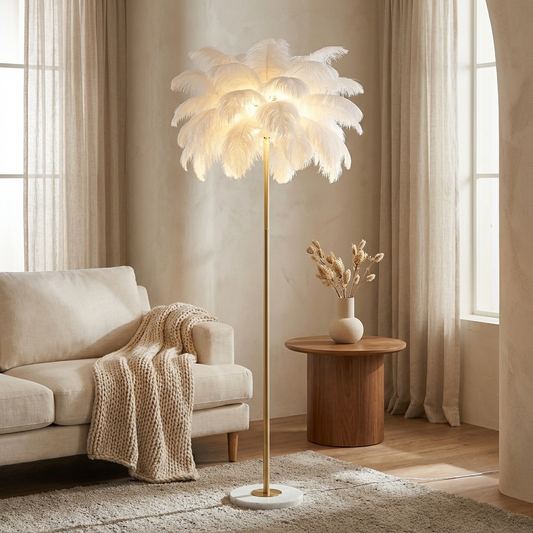 Pluma floor lamp styled in a living room