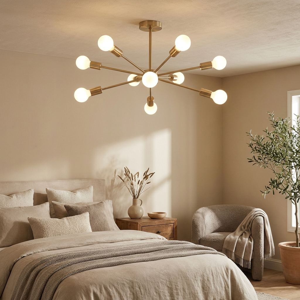 Cavell semi-flush ceiling light styled in a bedroom
