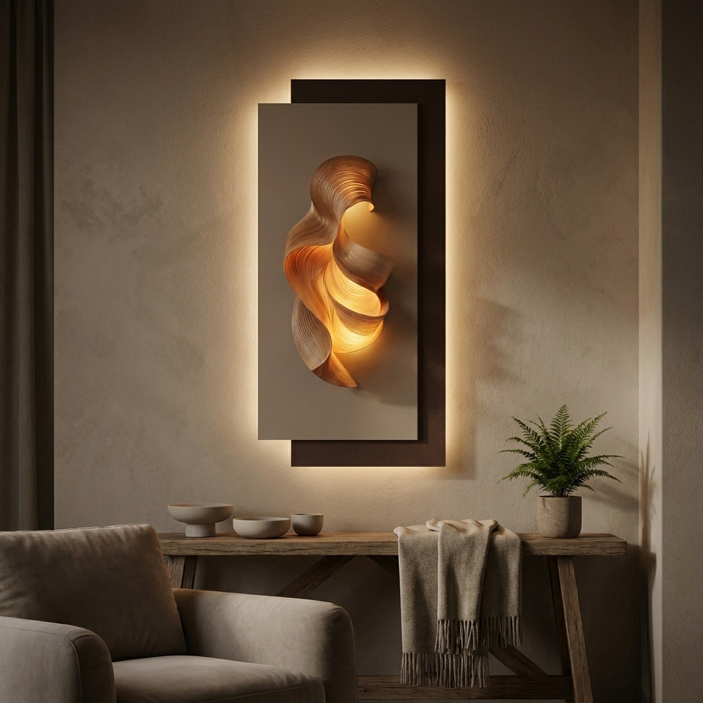Dune backlit wall art panel, lit at night