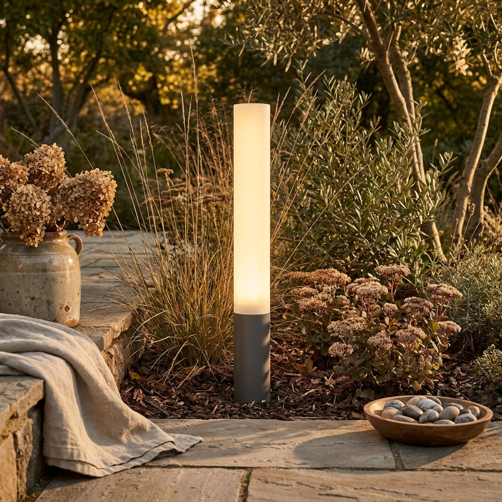 Celeste Garden Bollard styled along a garden path at dusk