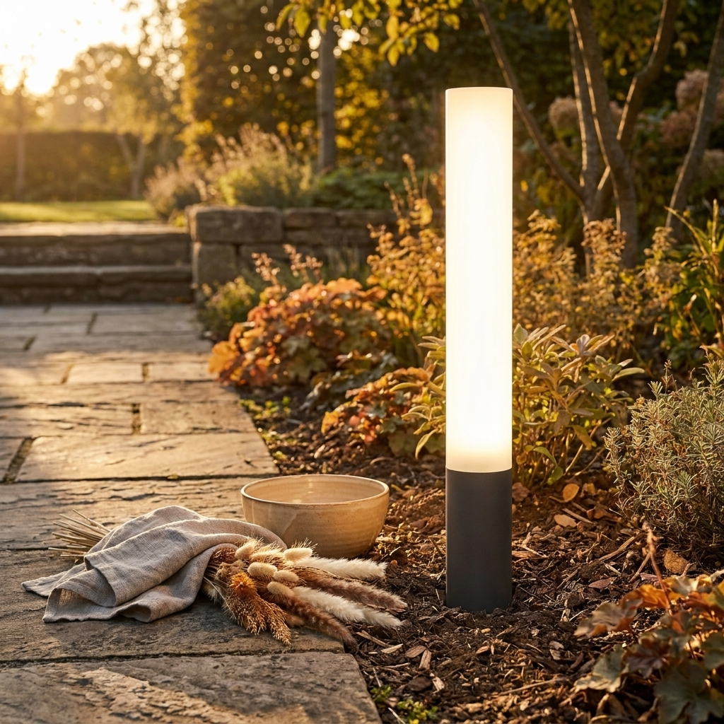 Celeste Garden Bollard styled at a poolside patio at dusk