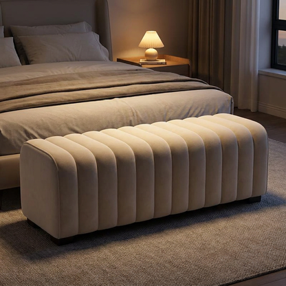 Repose bed bench, lit at night