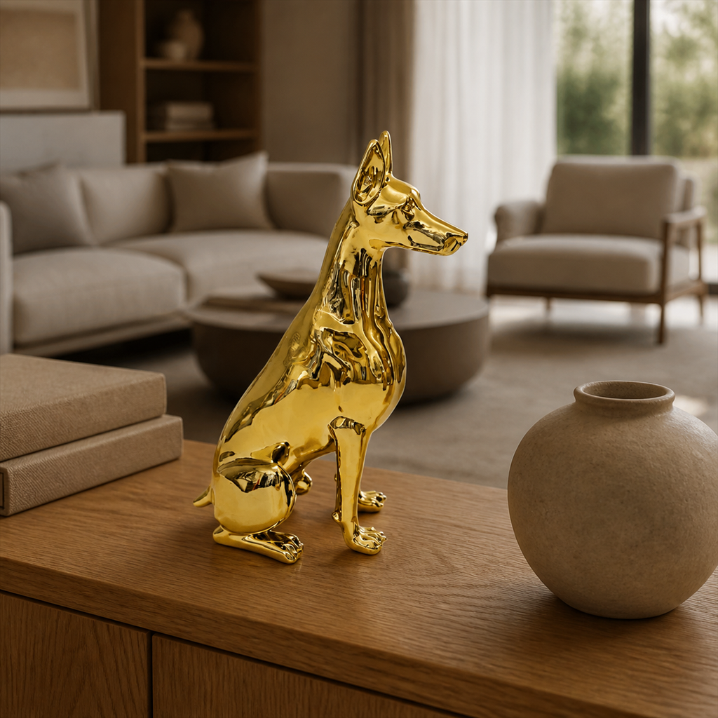 Rufus dog figurine styled in a living room