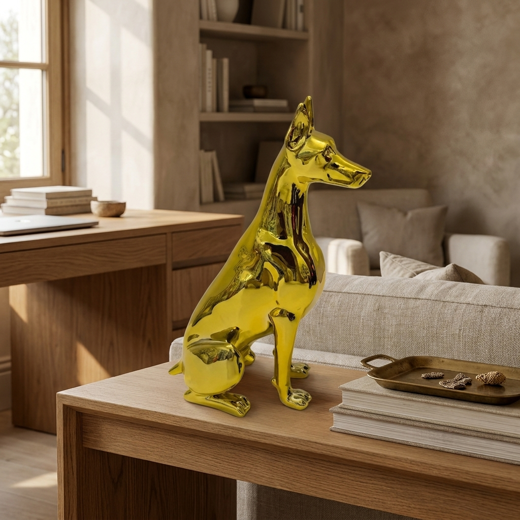 Rufus dog figurine styled in a study