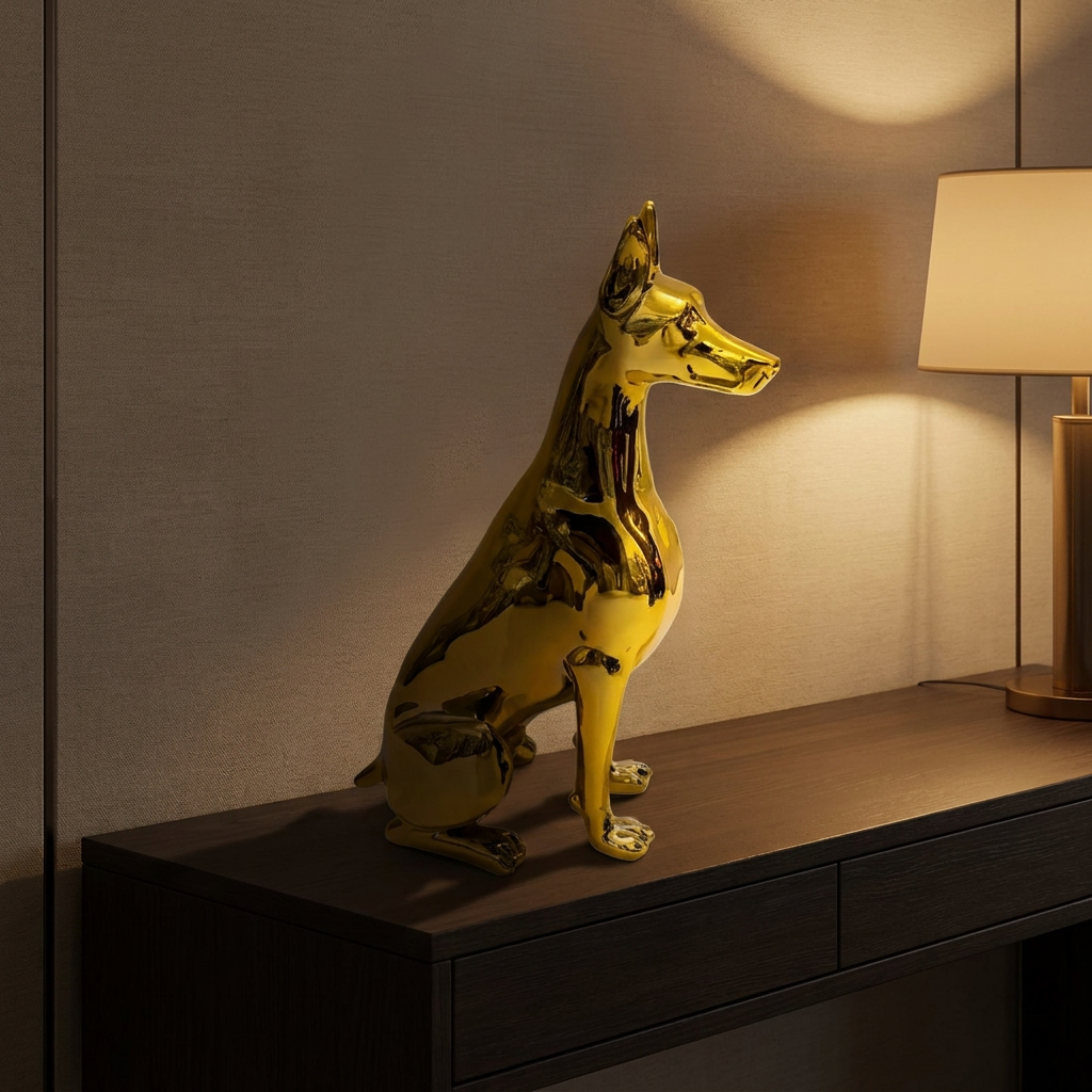 Rufus dog figurine, lit at night