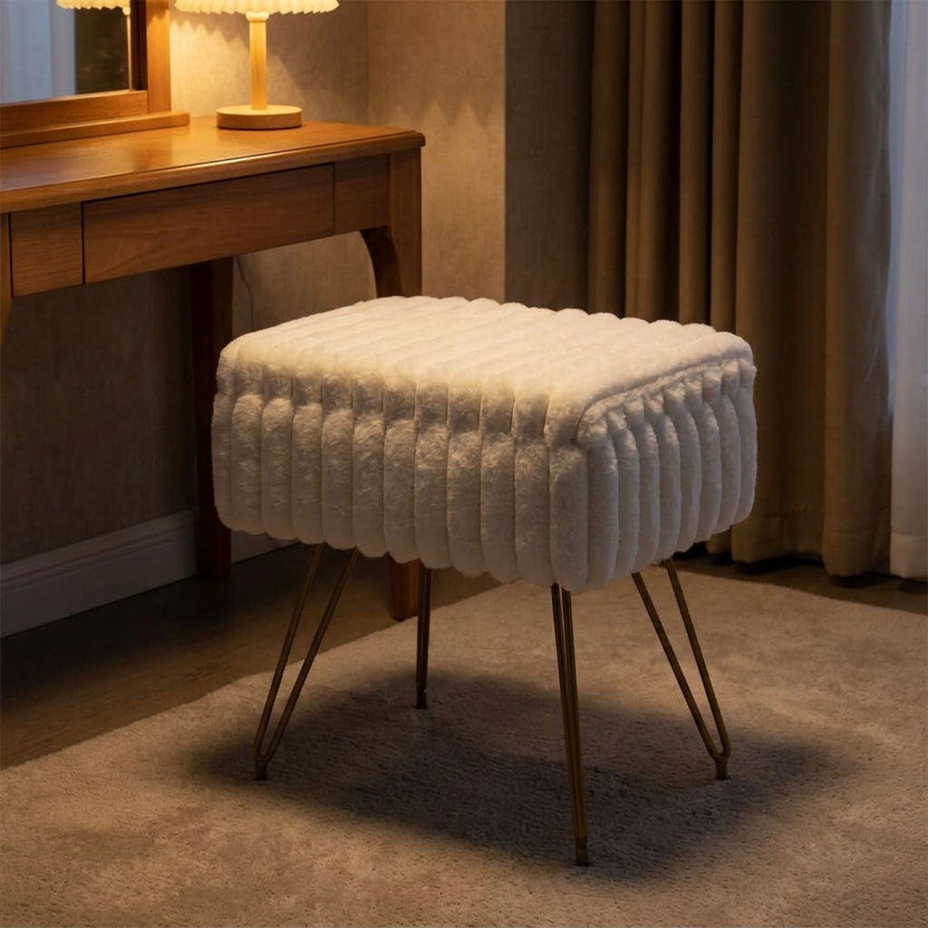 Saffron vanity stool, lit at night