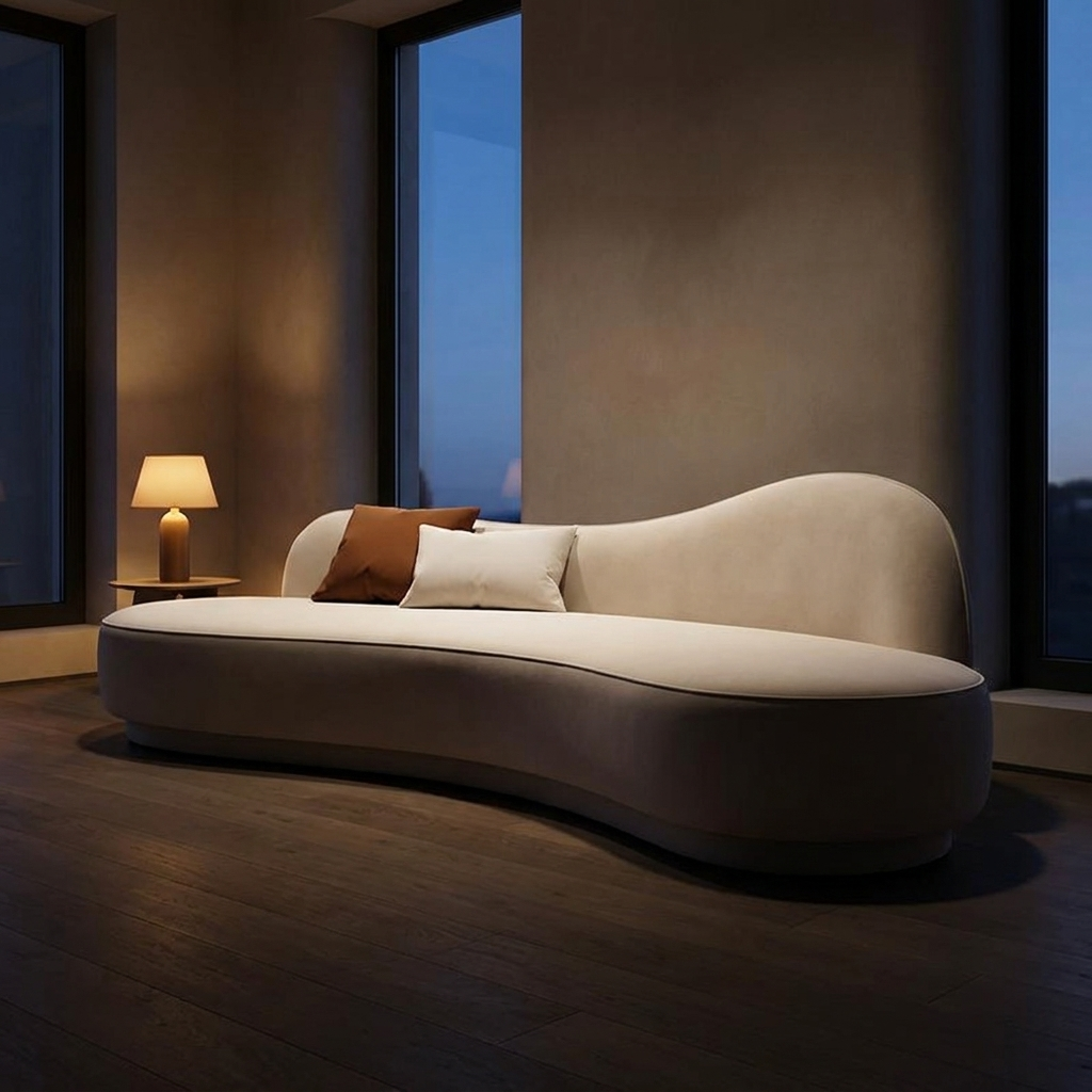 Savio sofa, lit at night
