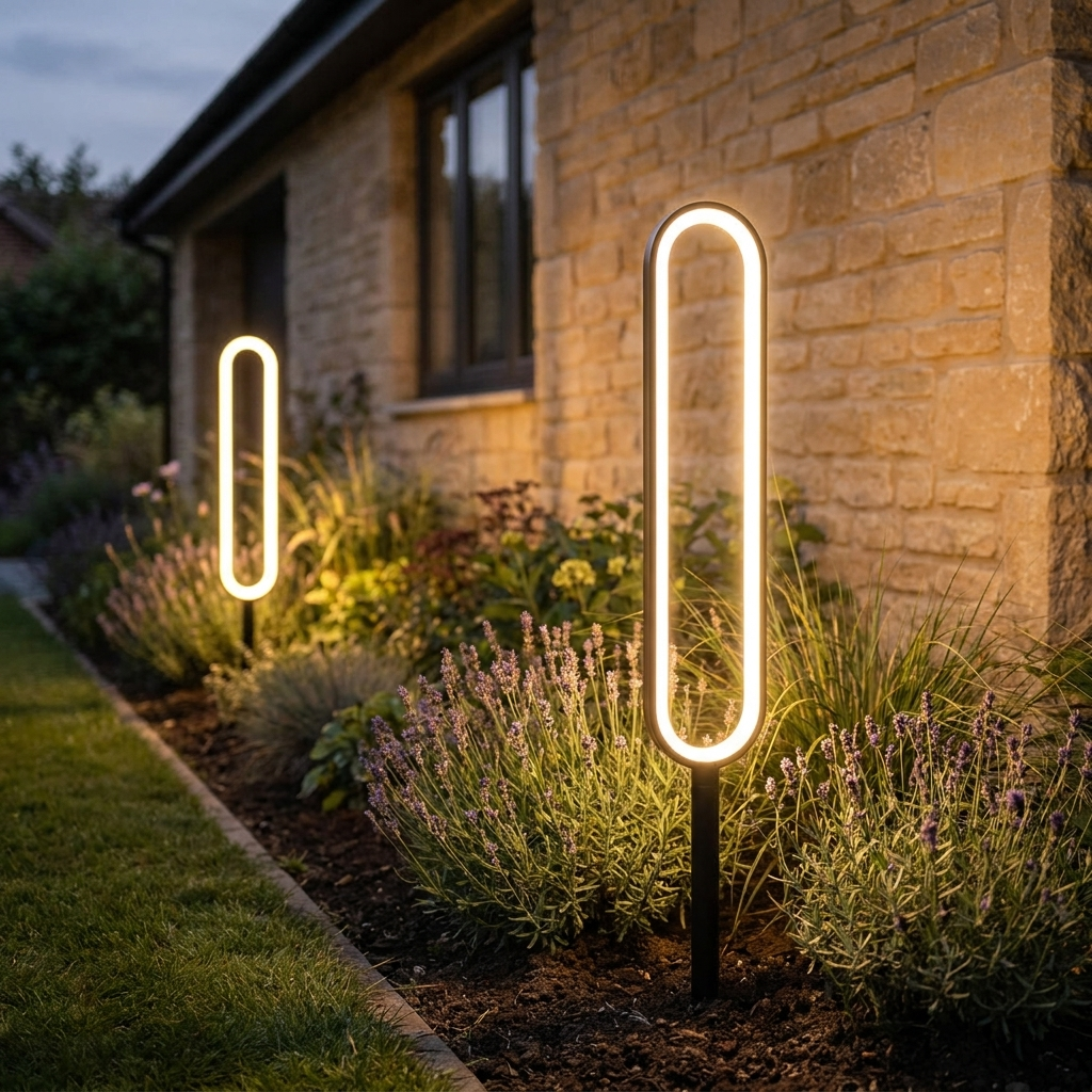 Nova Solar Light in a planted border at dusk
