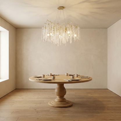 Liora Crystal Cascade Chandelier above a round dining table