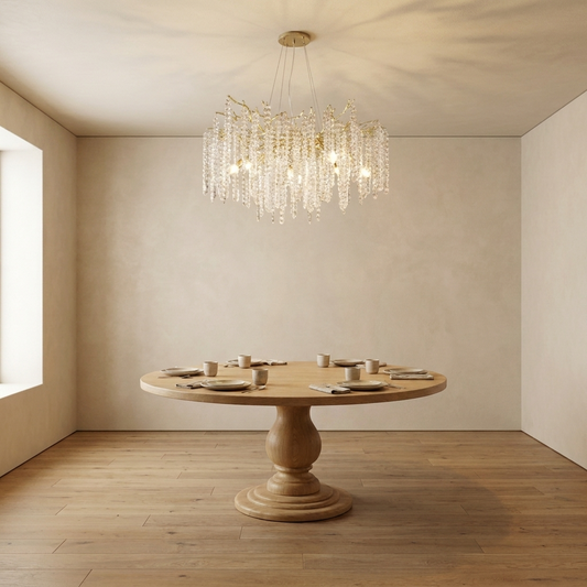 Liora Crystal Cascade Chandelier above a round dining table