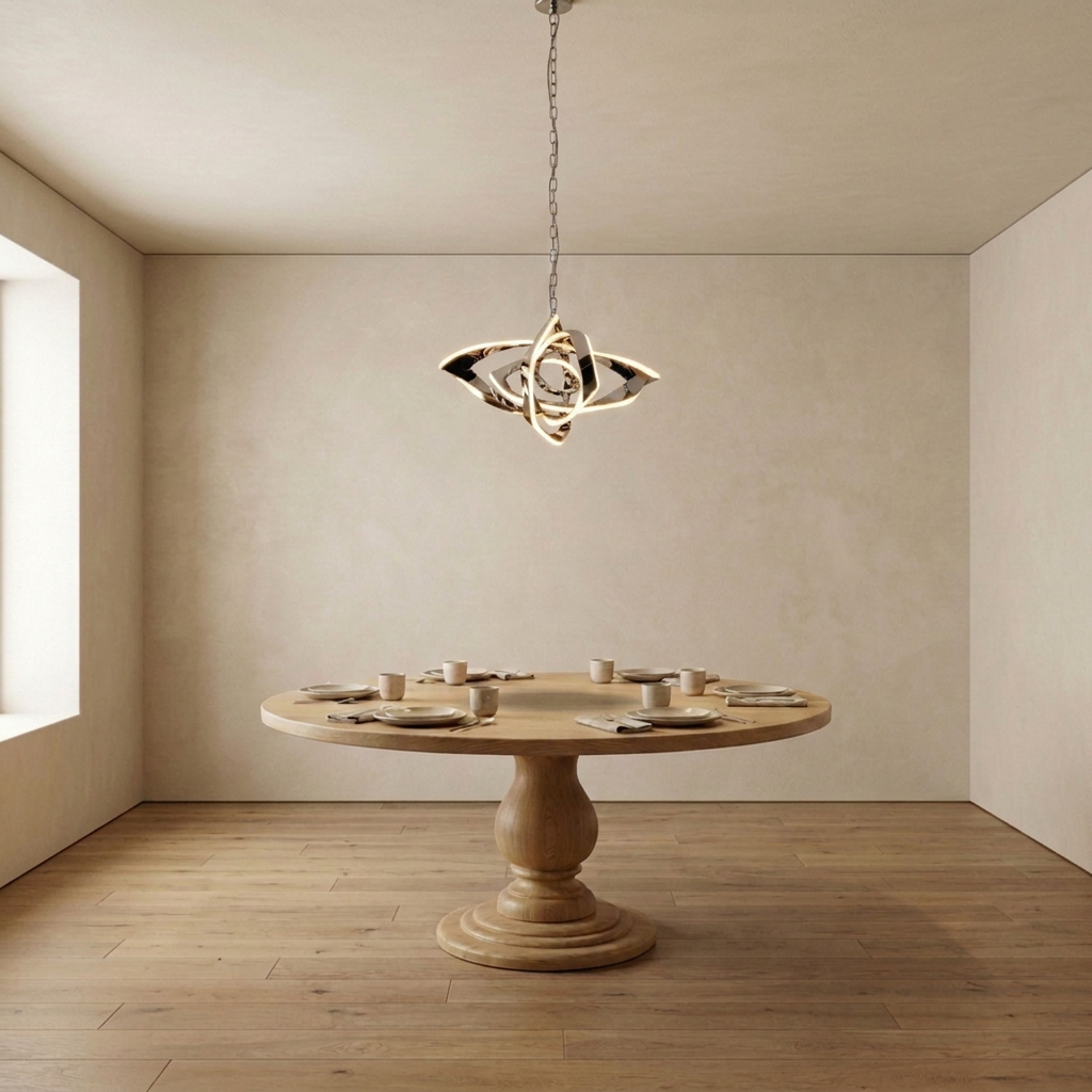 Calix Art Pendant in silver above a dining table