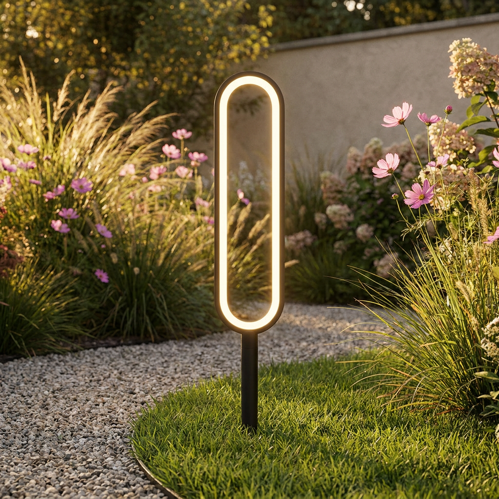 Nova Solar Light staked in a lawn beside a gravel path