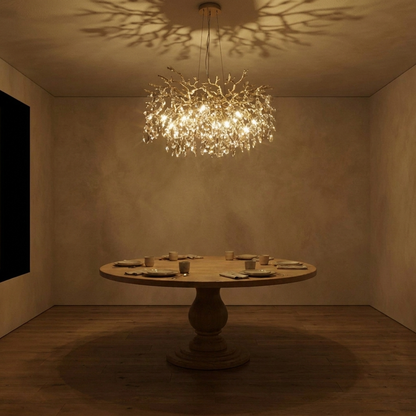 Elowen Crystal Branch Chandelier lit at night
