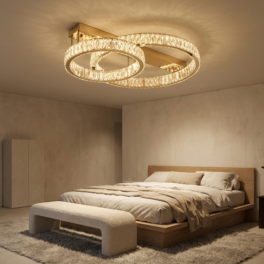 Selby flush ceiling light styled in a bedroom