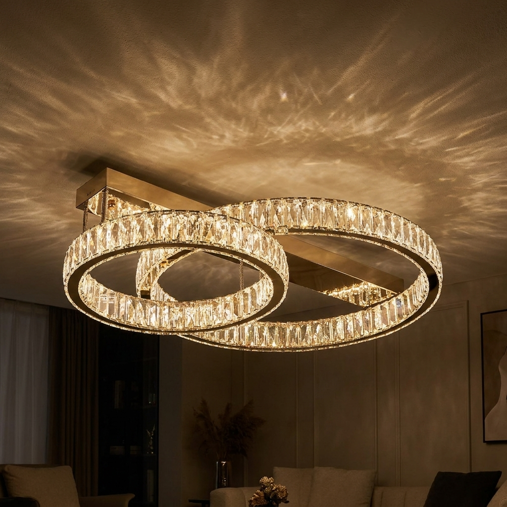 Selby flush ceiling light, lit at night