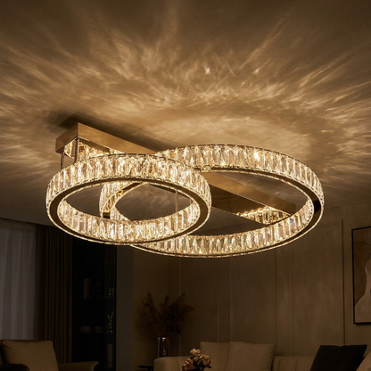 Selby flush ceiling light, lit at night