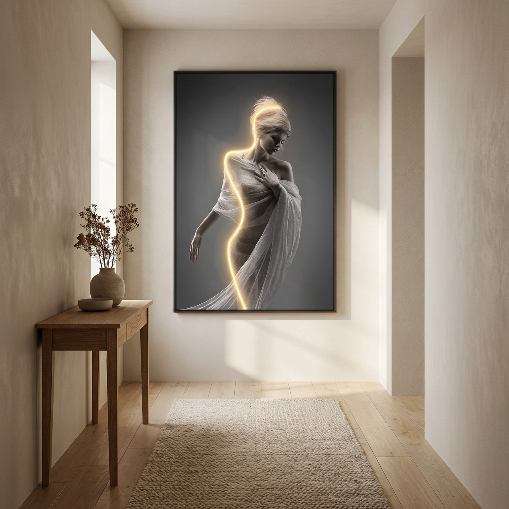 Seraph wall art styled in a hallway