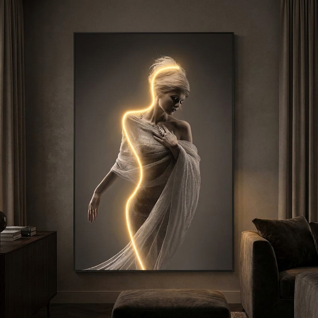 Seraph wall art, lit at night