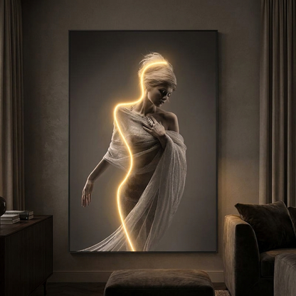 Seraph wall art, lit at night