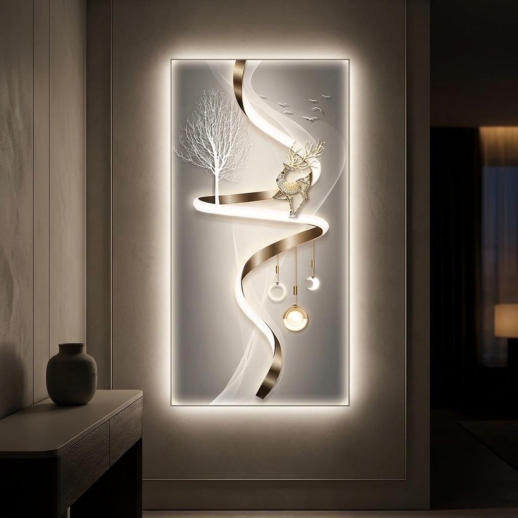 Sienna wall art, lit at night