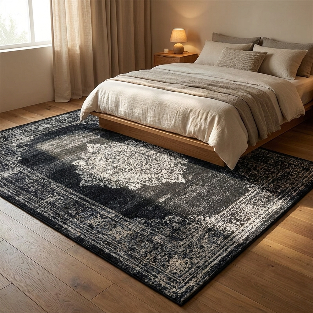 Solange rug styled in a bedroom
