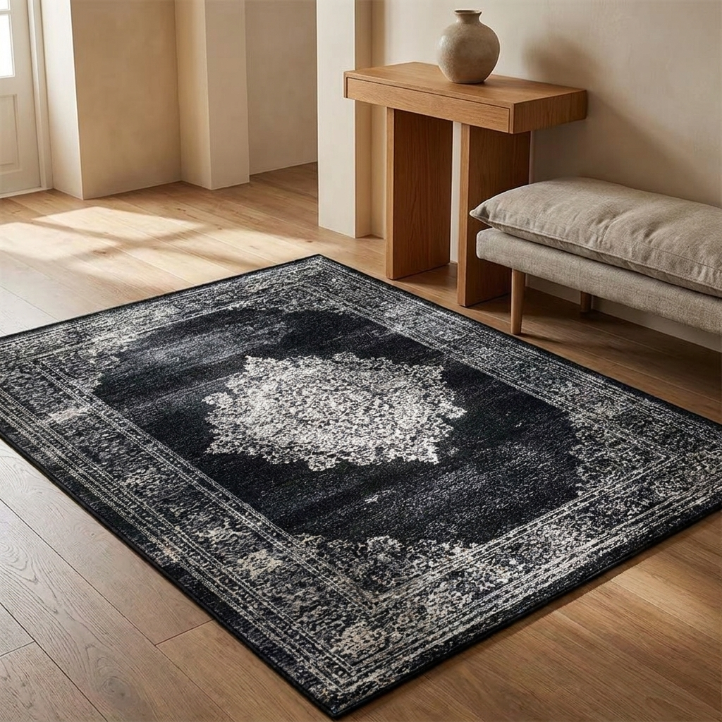 Solange rug styled in a entry