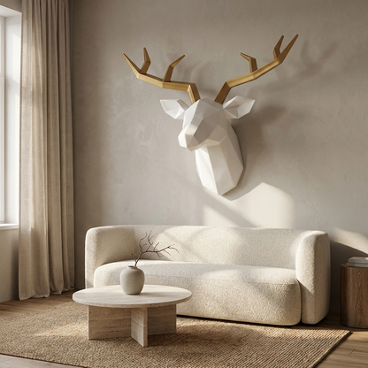 Stag stag head wall sculpture styled in a living room