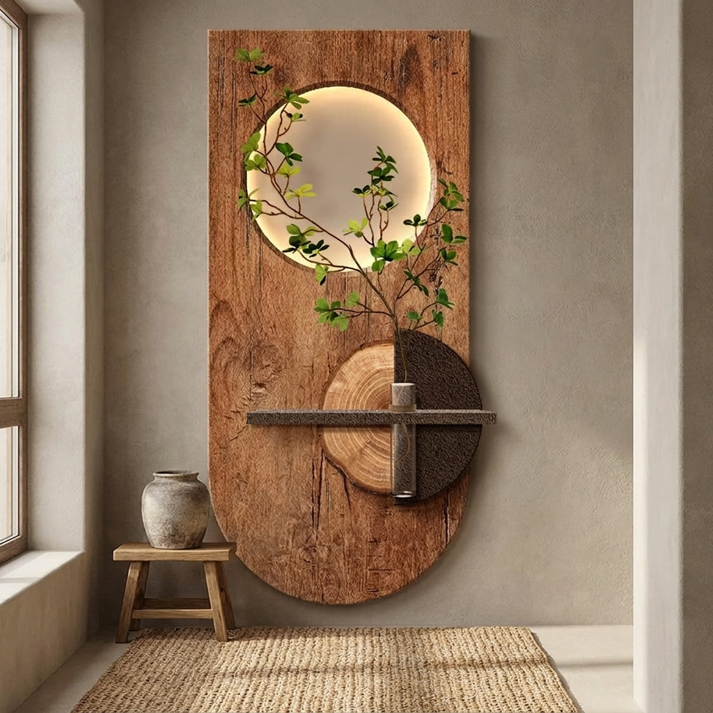 Thatch wall art styled in a entry