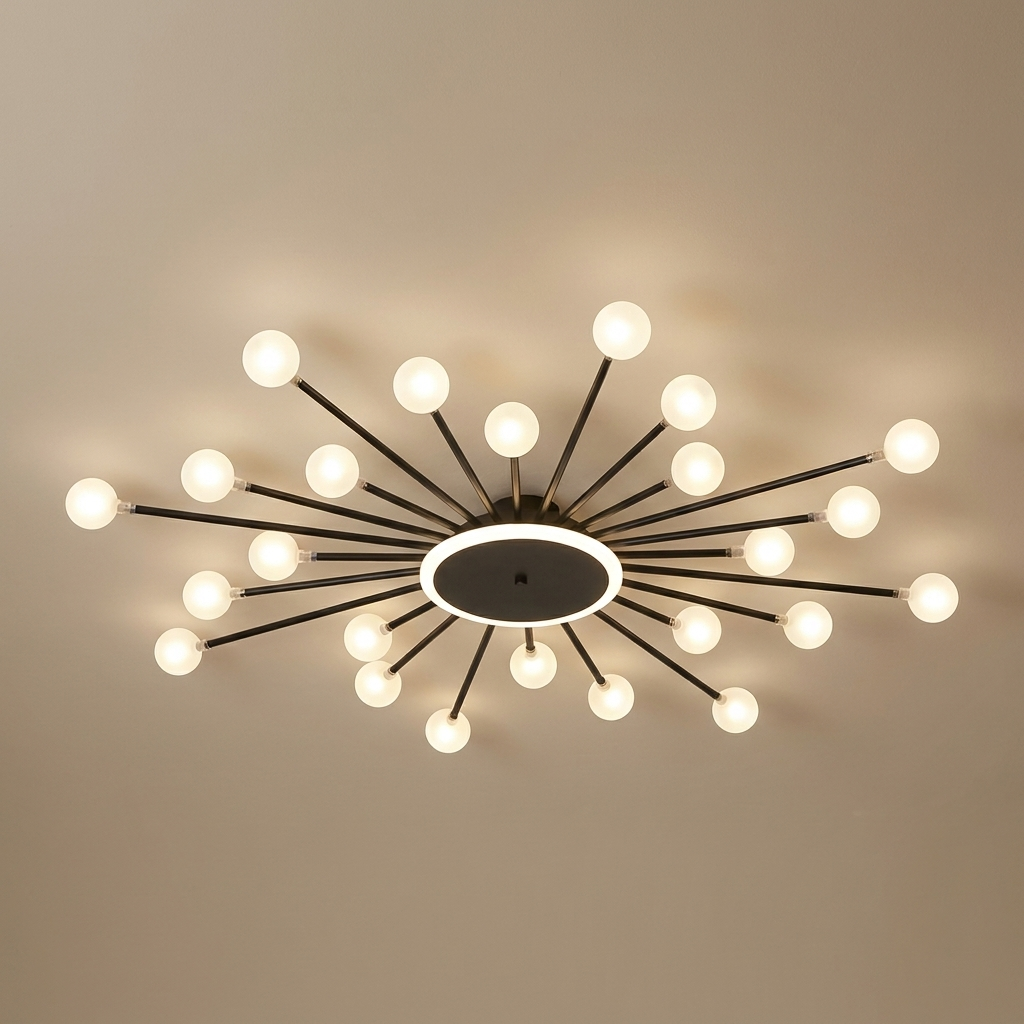 Varro semi-flush chandelier, black 18 orbs