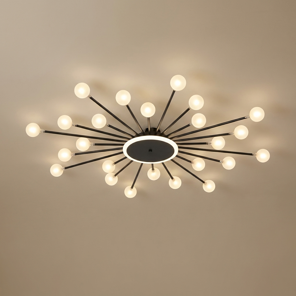 Varro semi-flush chandelier, black 24 orbs