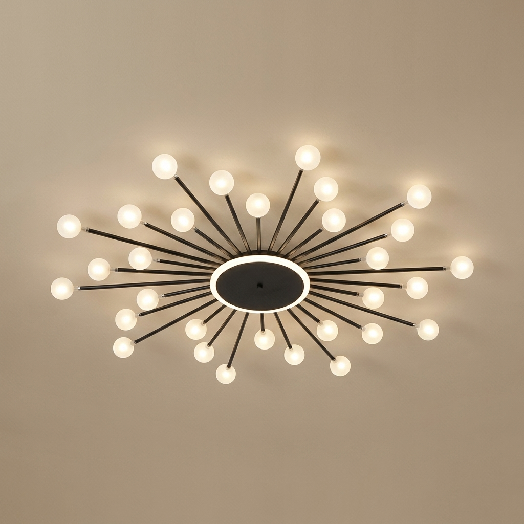 Varro semi-flush chandelier, black 30 orbs