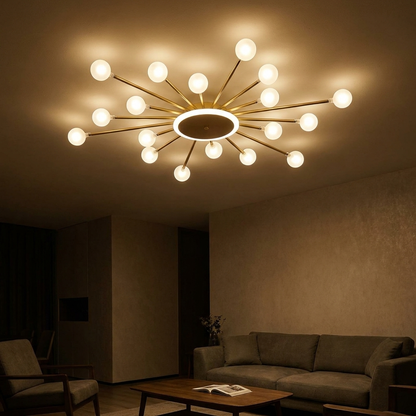 Varro semi-flush chandelier, lit at night