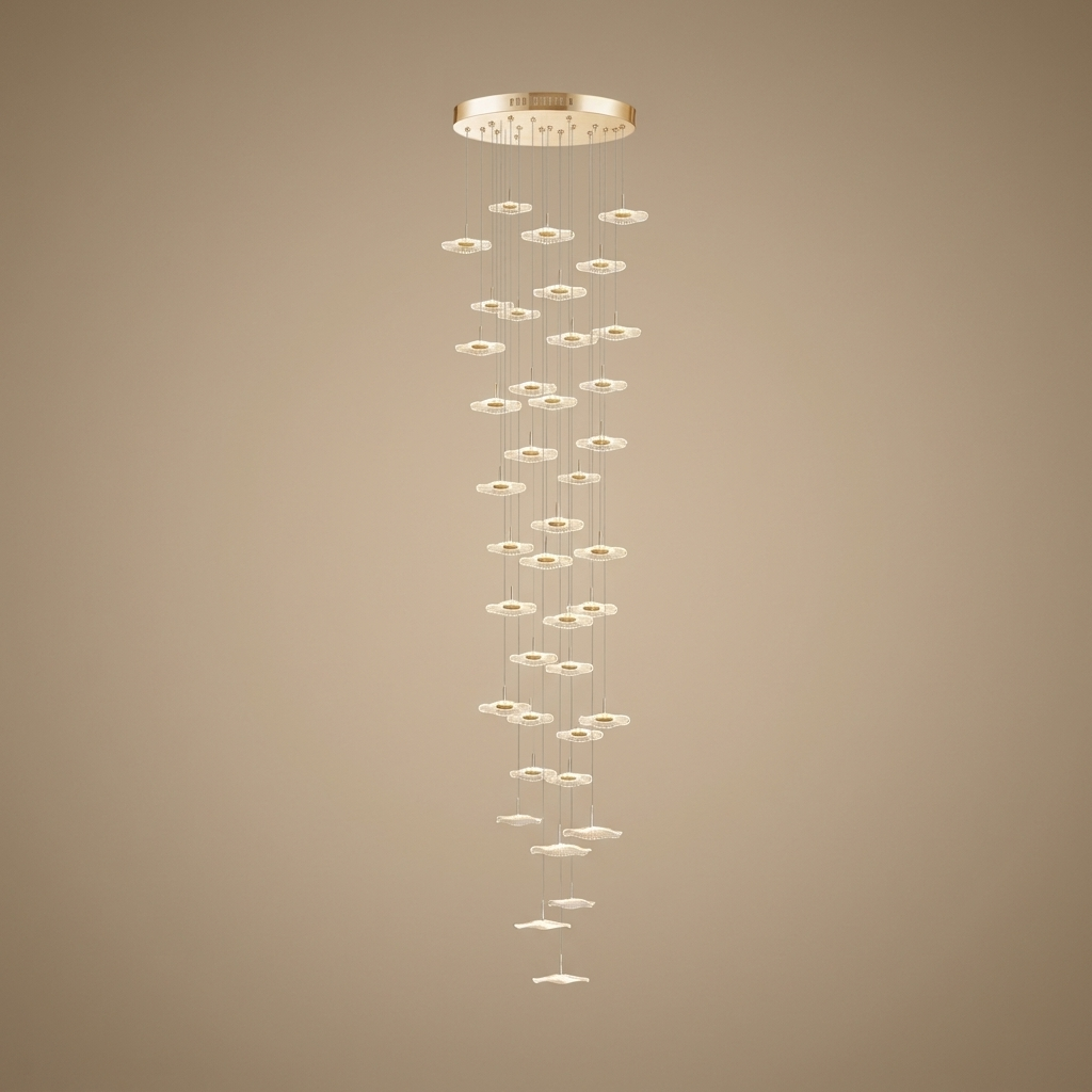 Zinnia stair chandelier, gold 40 lights