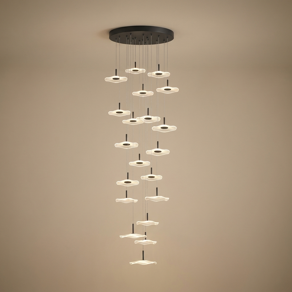 Zinnia stair chandelier, black 20 lights