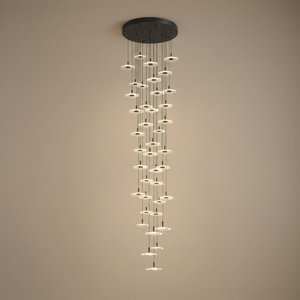 Zinnia stair chandelier, black 40 lights